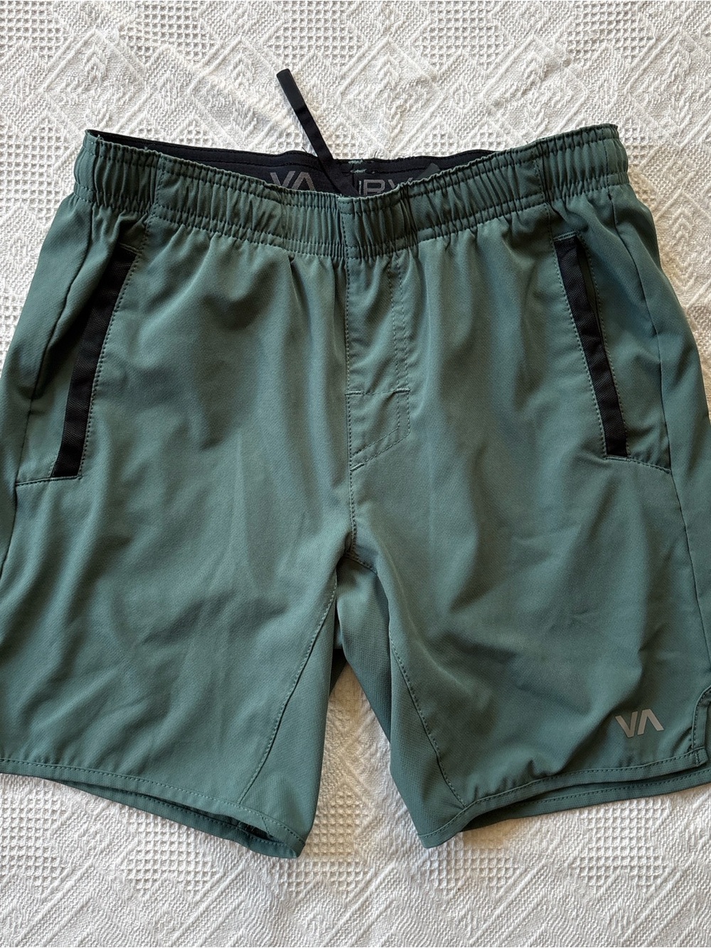 VA RVCA Boys Olive Green Athletic Shorts with Black Trim